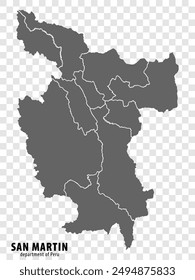 Blank map Department San Martin of Peru. High quality map Department  of San Martin with districts on transparent background for your web site design, logo, app, UI.  Republic of Peru.  EPS10.