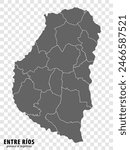 Blank map Entre Rios Province of Argentina. High quality map Province of Entre Rios with districts on transparent background for your web site design, logo, app, UI. Argentine Republic.  EPS10.
