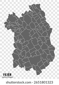 Mapa em branco do Condado de Fejer, Hungria. Mapa de alta qualidade Fejer County com municípios em fundo transparente para o design do seu site, logotipo, aplicativo, UI. Hungria. EPS10