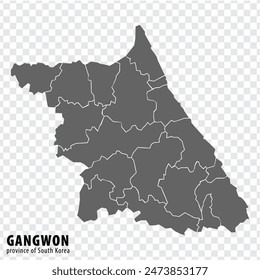 Blank map Gangwon Province of South Korea. High quality map Province of Gangwon with districts on transparent background for your web site design, logo, app, UI. Republic of Korea.  EPS10.