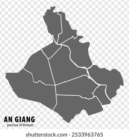 Mapa en blanco de la provincia de An Giang en Vietnam. Mapa de alta calidad Un Giang con municipios sobre fondo transparente para su diseño de Sitio web, logotipo, App, UI. Vietnam.  EPS10