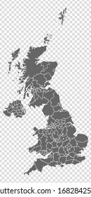 Blank map of Great Britain. Provinces of  Great Britain map. High detailed gray vector map of United Kingdom on transparent background for your web site design, logo, app, UI. Stock vector. EPS10. 