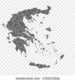 Blank map of Greece. Departments of Greece map. High detailed gray vector map of Greece on transparent background for your web site design, logo, app, UI. Stock vector. EPS10.  