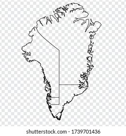 Mapa en blanco de Groenlandia. Mapa de alta calidad de Groenlandia con provincias sobre fondo transparente para el diseño de tu sitio web, logotipo, aplicación, interfaz de usuario.  Vector de material.  EPS10.