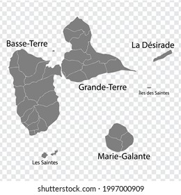 Blank map Guadeloupe in gray. Every Island map is with titles. High quality map of  Guadeloupe with districts on transparent background for your  design.  Caribbean. France. EPS10.