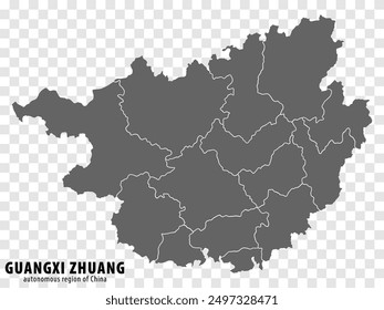 Blank map  Guangxi Autonomous Region of China. High quality map Guangxi Zhuang with municipalities on transparent background for your web site design, logo, app, UI. People's Republic of China.  