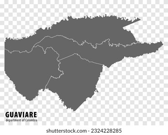 Blank map Guaviare Department of Colombia. High quality map Guaviare with municipalities on transparent background for your web site design, logo, app, UI. Colombia.  EPS10.