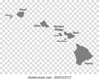 Blank map Hawaii in gray. Every Island map is with titles. High quality map of  Hawaii Islands on transparent background for your  design.  United States of America. EPS10.