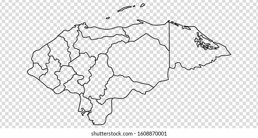 Blank map of Honduras. High quality map Republic of Honduras with provinces on transparent background for your web site design, logo, app, UI. Central America. EPS10. 