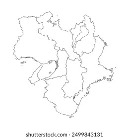 Mapa en blanco de la región de Kansai con su división administrativa aislada sobre fondo blanco. Ilustración vectorial 