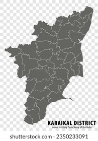 Blank map Karaikal Bezirk von Indien. Hochwertige Karte von Karaikal mit Kommunen auf transparentem Hintergrund für Ihr Webdesign, Logo, App, UI. Gebiet der Union Puducherry in Indien. 