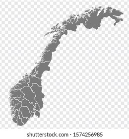 Blank map Kingdom of Norway. High quality map of  Norway with provinces on transparent background for your web site design, logo, app, UI. Europe. EPS10.