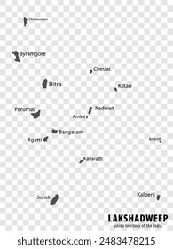 Blank map Lakshadweep islands of India. High quality map of Lakshadweep on transparent background for your  design.  Every Island map is with titles. Union Territory of India.  EPS10.