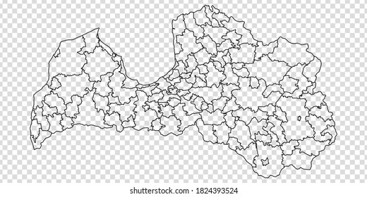 Blank map of Latvia. Departments  and Districts of Latvia map. High detailed gray vector map of Republic of Latvia on transparent background for your design. EPS10. 