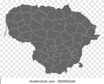 Blank map of Lithuania. Departments  and Districts of Lithuania map. High detailed gray vector map of Republic of Lithuania on transparent background for your design. EPS10. 
