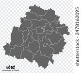 Blank map Lodz Province of Poland. High quality map Lodz Voivodeship  with districts on transparent background for your web site design, logo, app, UI.  Republic of Poland.  EPS10.