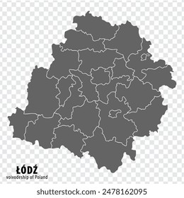 Blank map Lodz Province of Poland. High quality map Lodz Voivodeship  with districts on transparent background for your web site design, logo, app, UI.  Republic of Poland.  EPS10.