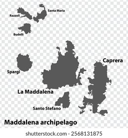 Blank map Maddalena archipelago of Italy in gray. Every Island map is with titles. High quality map of  Maddalena archipelago on transparent background for your  design.  EPS10.