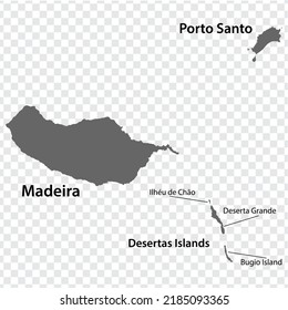 Blank map Madeira in gray. Every Island map is with titles. High quality map of  Madeira on transparent background for your  design.  North Atlantic Ocean. EPS10.