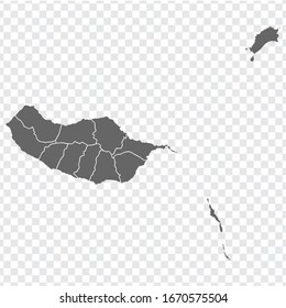 Blank map of Madeira. High quality map of Madeira with provinces on transparent background for your web site design, app, UI.  Africa. EPS10.