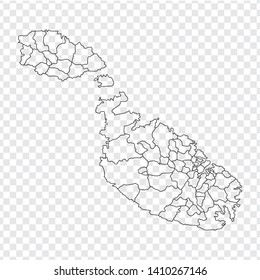 Blank map  Malta. High quality map of  Malta with provinces on transparent background for your web site design, logo, app, UI. Stock vector. Vector illustration EPS10. 