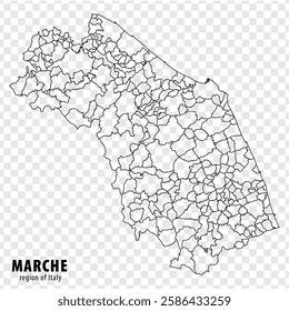 Blank map Marche of Italy. High quality map Region Marche with municipalities on transparent background for your web site design, logo, app, UI.  EPS10.