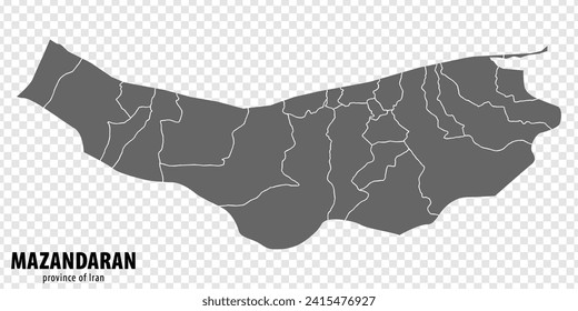 Mapa en blanco Mazandaran de Irán. Mapa de alta calidad Provincia de Mazandaran con municipios en fondo transparente para el diseño de su sitio web, logotipo, aplicación, interfaz de usuario.  EPS10.