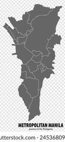 Blank map Metro Manila of Philippines. High quality map National Capital Region with districts on transparent background for your web site design, logo, app, UI.  Republic of the Philippines.  EPS10.