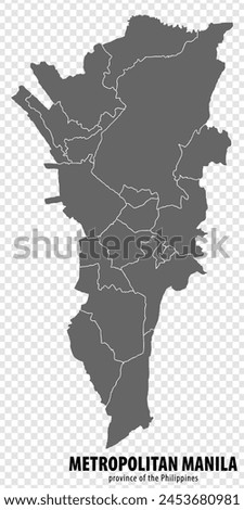 Blank map Metro Manila of Philippines. High quality map National Capital Region with districts on transparent background for your web site design, logo, app, UI.  Republic of the Philippines.  EPS10.