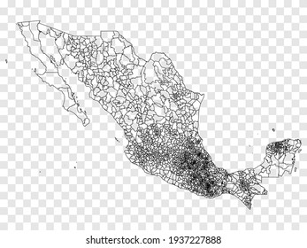 Blank map of Mexico. Municipalities of Mexico map. High detailed vector map of United Mexican States on transparent background for your web site design, logo, app, UI.  EPS10.