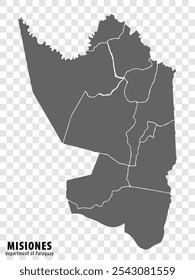 Mapa em branco Departamento de Misiones do Paraguai. Mapa de alta qualidade Departamento de Misiones com distritos em fundo transparente para o seu design de site, logotipo, aplicativo, UI. República do Paraguai.  EPS10