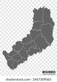 Blank map Misiones Province of Argentina. High quality map Province of Misiones with districts on transparent background for your web site design, logo, app, UI. Argentine Republic.  EPS10.