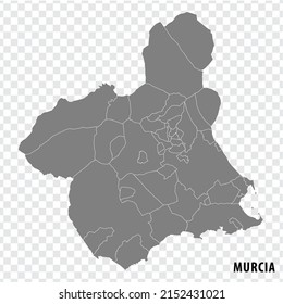 Blank Karte Murcia von Spanien. Hochwertige Karte Comarcas von Murcia auf transparentem Hintergrund für Ihre Website-Design, Logo, App, UI.  Spanien.  EPS10.