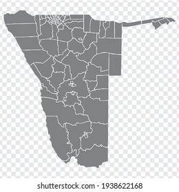 Mapa en blanco de Namibia en gris. Mapa de municipios de Namibia. Mapa de vectores grises muy detallado República de Namibia fondo transparente para el diseño de su sitio web, logotipo, aplicación, interfaz de usuario.  EPS10. 