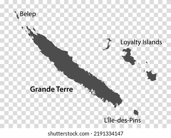 Mapa en blanco de Nueva Caledonia en gris. Cada mapa de la isla está con títulos. Mapa de alta calidad de Nueva Caledonia con distritos sobre fondo transparente para su diseño.  Oceanía. EPS10.