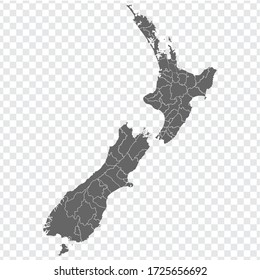 Blank map of  New Zealand. Districts of  New Zealand map. High detailed gray vector map on transparent background  EPS10. 