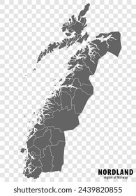 Blank map Nordland County of  Norway. High quality map Nordland County on transparent background for your web site design, logo, app, UI.  Norway.  EPS10.