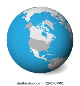Blank map of North America. 3D Earth globe with blue water and grey lands. Vector illustration.