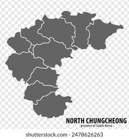 Blank map North Chungcheong Province of South Korea. High quality map Province of North Chungcheong with districts on transparent background for your design. Republic of Korea.  EPS10.