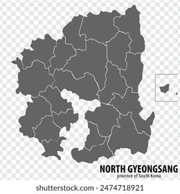 Blank map North Gyeongsang Province of South Korea. High quality map Province of North Gyeongsang with districts on transparent background for your web site design. Republic of Korea.  EPS10.