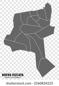 Blank map Nueva Vizcaya of Philippines. High quality map Province of Nueva Vizcaya with districts on transparent background for your web site design, logo, app, UI.  Philippines.  EPS10.