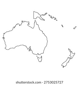 Blank map of Oceania isolated on a white background. Editable strokes. Vector illustration