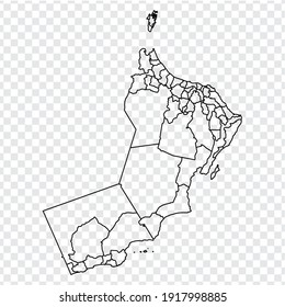 Mapa en blanco de Omán. Mapa de los distritos de Omán. Mapa vectorial detallado de alto nivel Sultanato de Omán sobre fondo transparente para el diseño de tu sitio web, logotipo, aplicación, interfaz de usuario.  EPS10. 