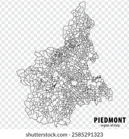 Blank map Piedmont of Italy. High quality map Region Piedmont with municipalities on transparent background for your web site design, logo, app, UI.  EPS10.