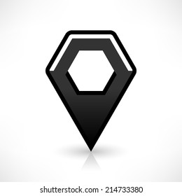 Blank map pin location sign rounded polygon icon in flat style. Empty black shapes with gray oval shadow and reflection on white background. Web design element saved in vector illustration 8 eps