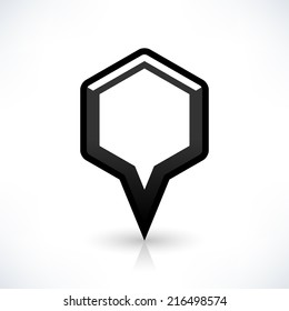 Blank map pin location sign rounded hexagon icon in flat style. Empty black shapes with gray shadow and reflection isolated on white background. Web design element save in vector illustration 8 eps