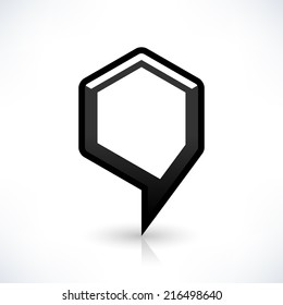 Blank map pin location sign rounded hexagon icon in flat style. Empty black shapes with gray shadow and reflection isolated on white background. Web design element save in vector illustration 8 eps