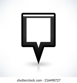 Blank map pin location sign rounded square icon in flat style. Empty black shapes with gray shadow and reflection isolated on white background. Web design element save in vector illustration 8 eps