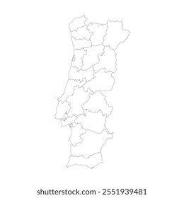 Mapa en blanco de Portugal con su división administrativa aislada sobre fondo blanco. Ilustración vectorial