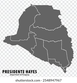 Mapa en blanco Departamento Presidente Hayes de Paraguay. Mapa de alta calidad Departamento de Presidente Hayes con distritos sobre fondo transparente para su diseño de Sitio web, logotipo, App, UI. Paraguay.  EPS10.